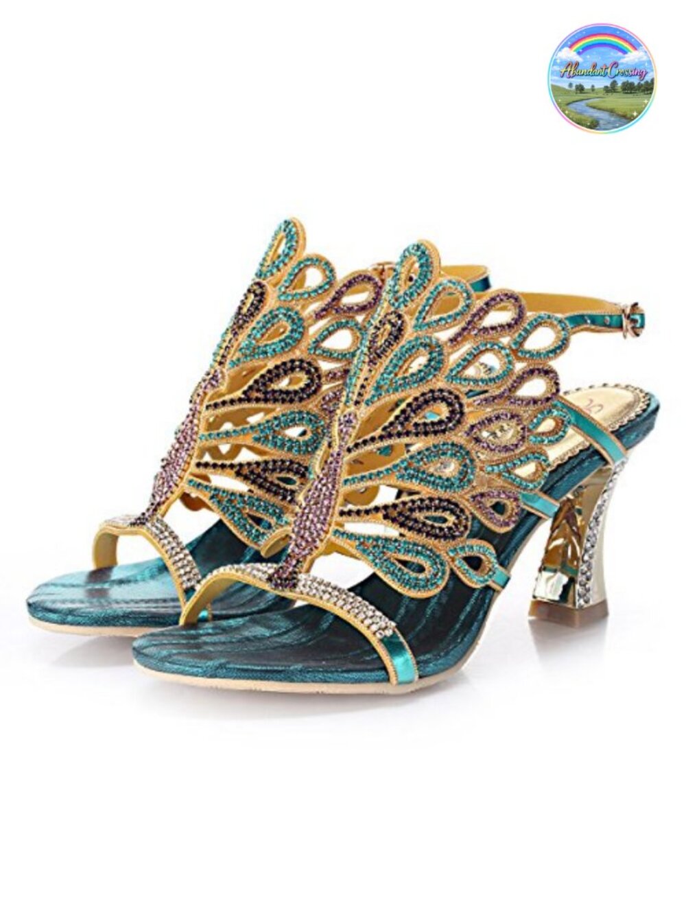 Rhinestone Peacock Sandals Chunky Heel Handmade Women's